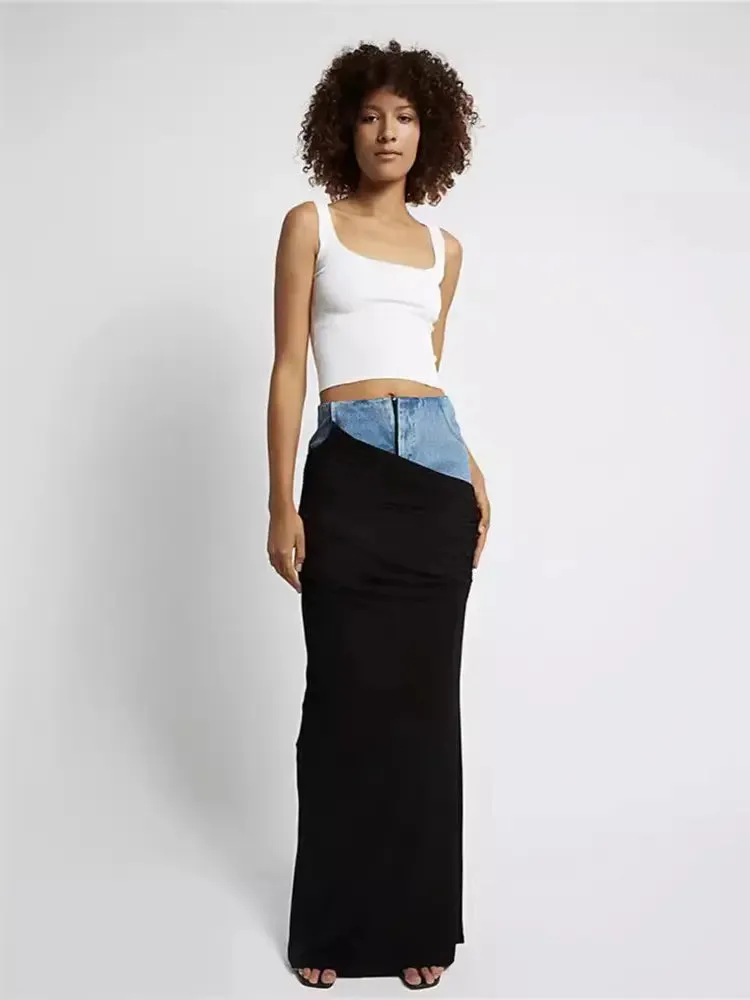 Black Ruched Denim Skirt