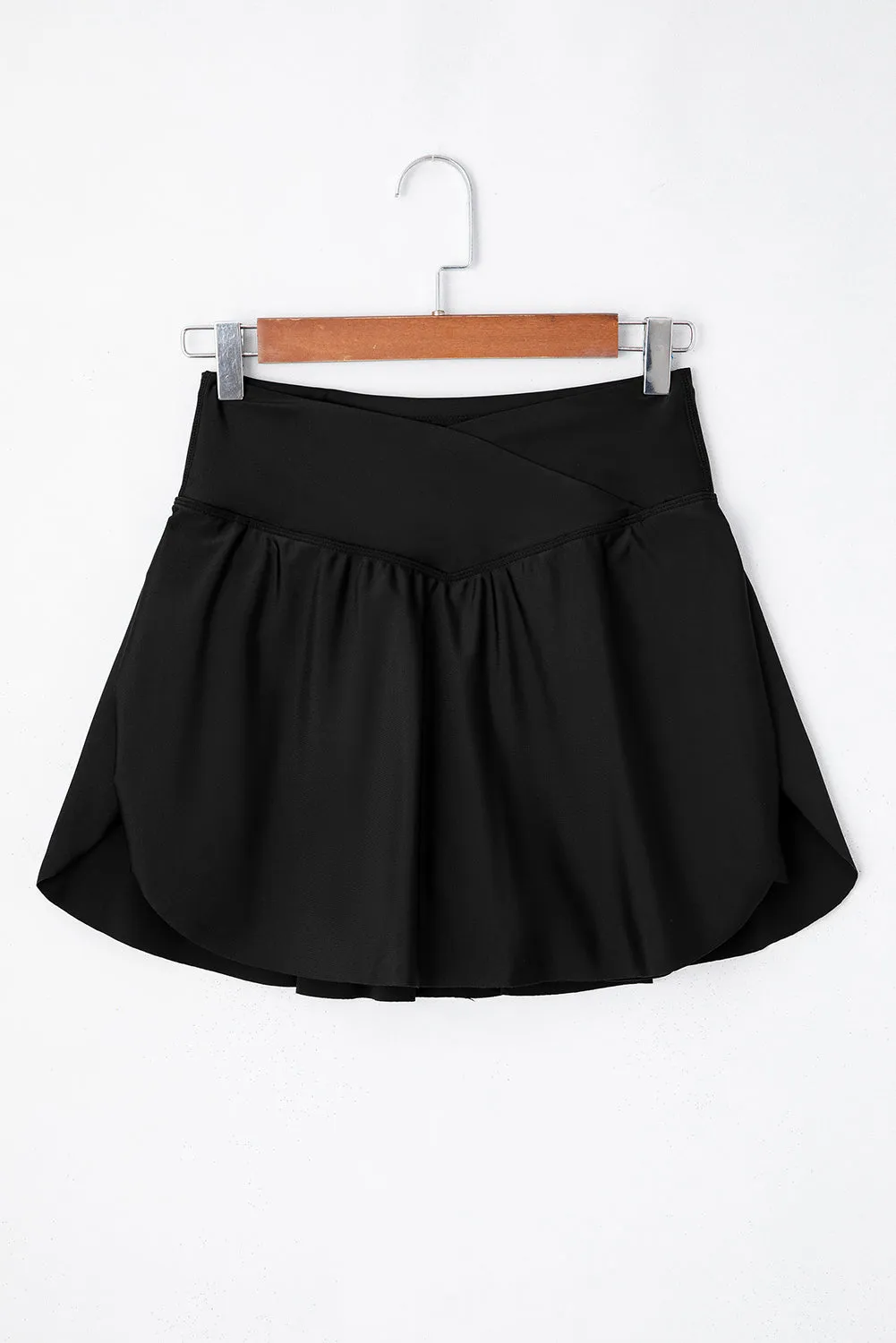 Black Solid Pocketed Crossover High Waist Swim Skort