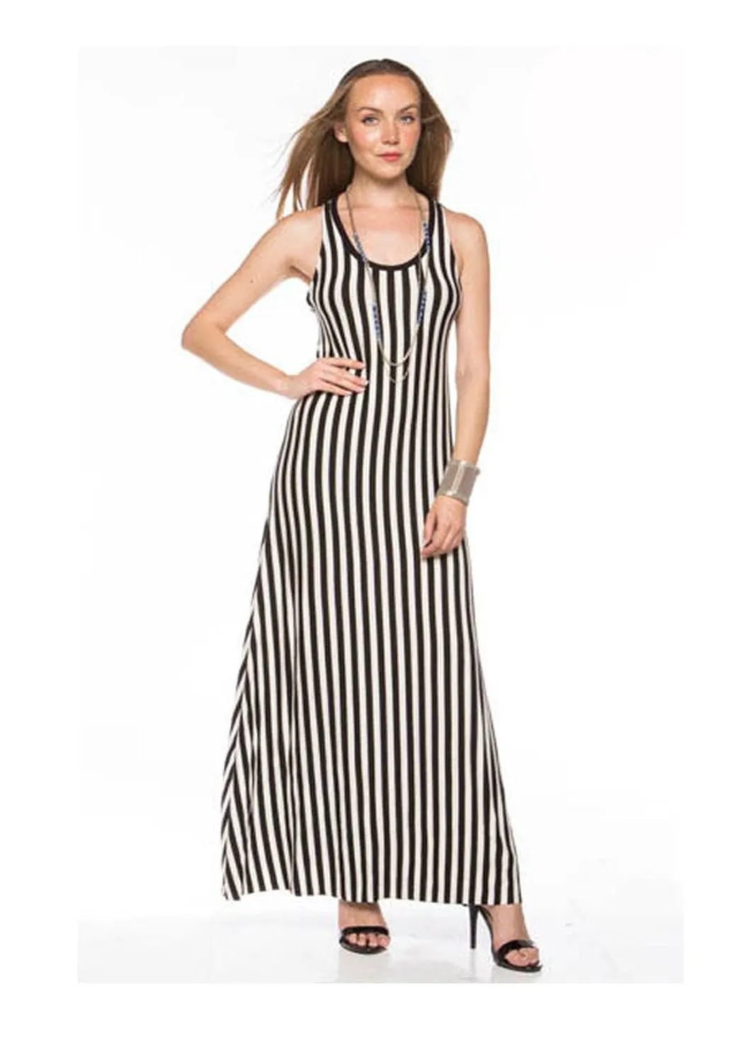 Black White Striped Design Open Back Long Maxi Dress U.S.A