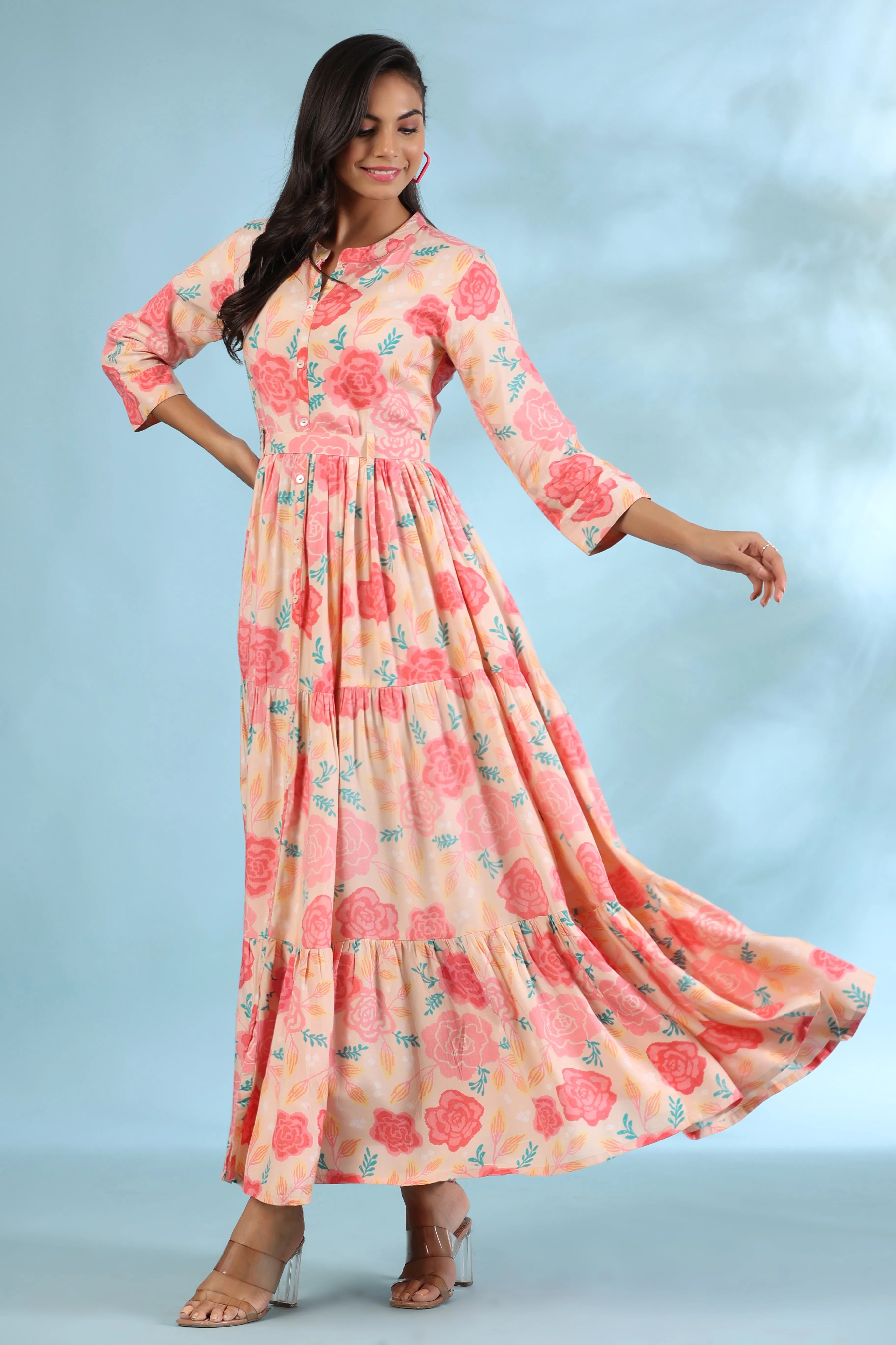 Bloomed Roses On Peach Silk Maxi Dress