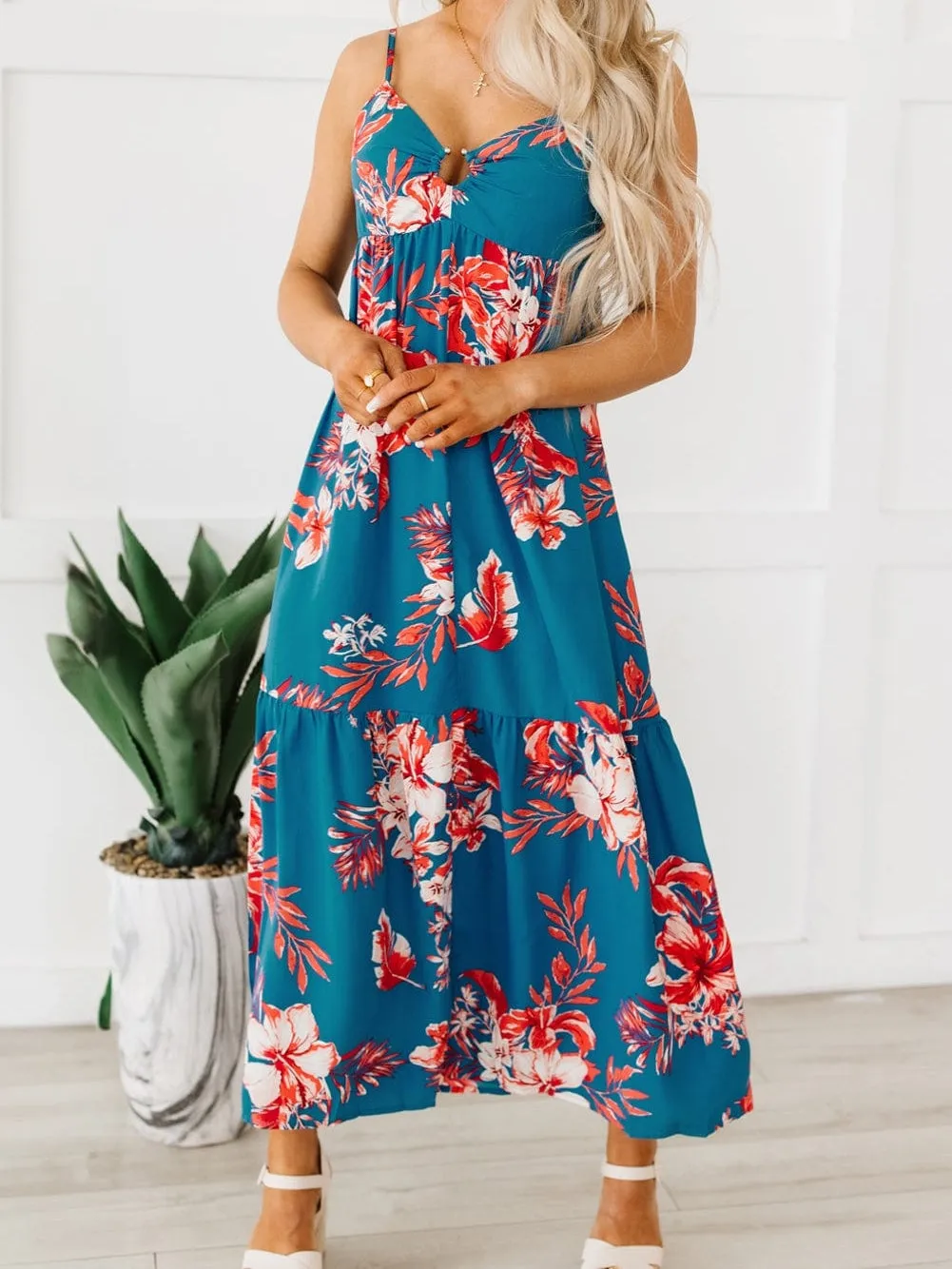 Blue Floral Print Strappy Backless Maxi Dress