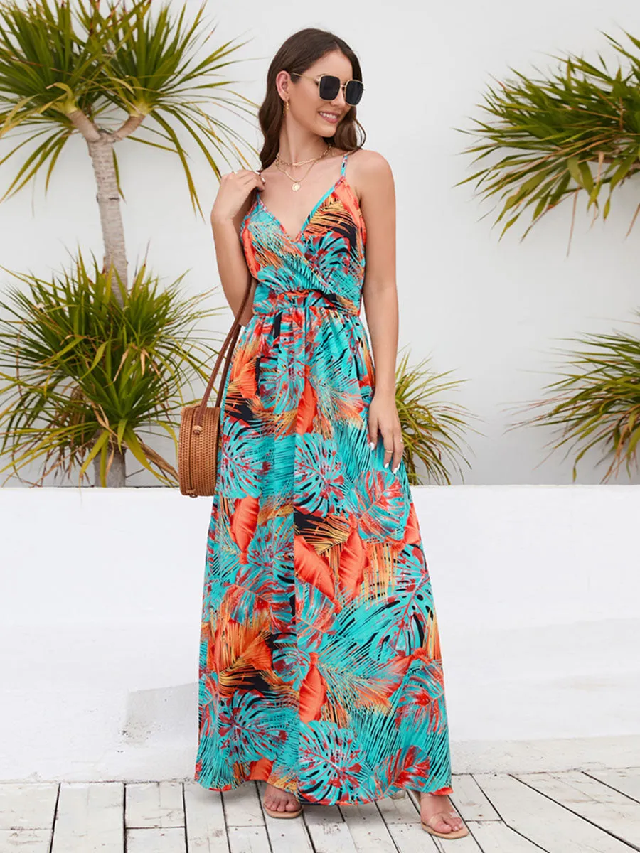 Bohemia Floral Printed Strap V Neck Swing Maxi Boho Dress