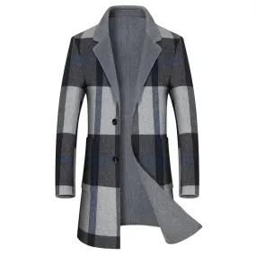 BRADFORD Design Collection Men's Fashion Gray & White Plaid Premium Quality Long Wool Gray & White Plaid Trench Coat Jacket