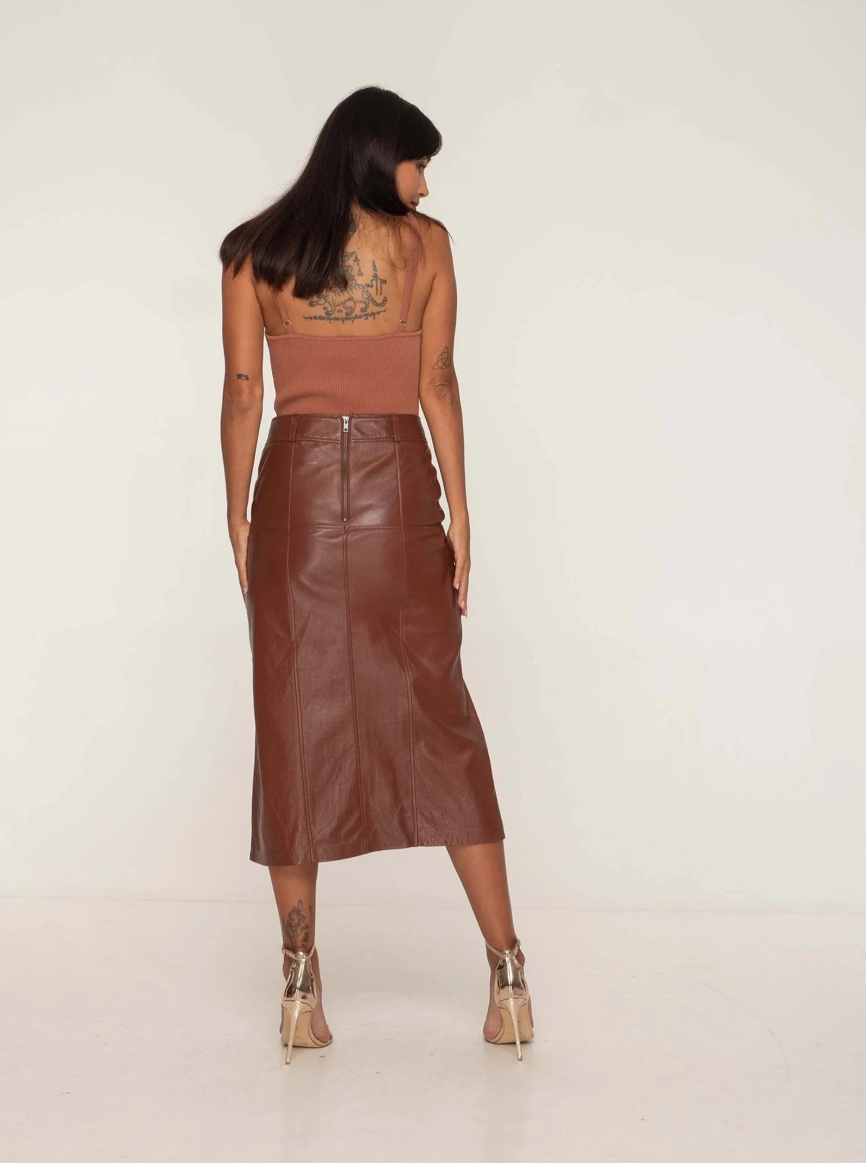 BRONTE LEATHER SKIRT - WHISKEY