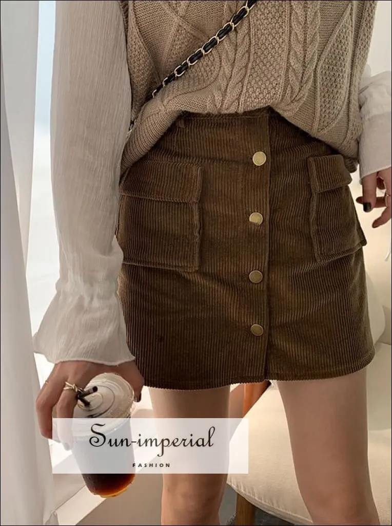 Button front High Waist Corduroy Skirt with Pockets A-line Women Short Mini Skirt