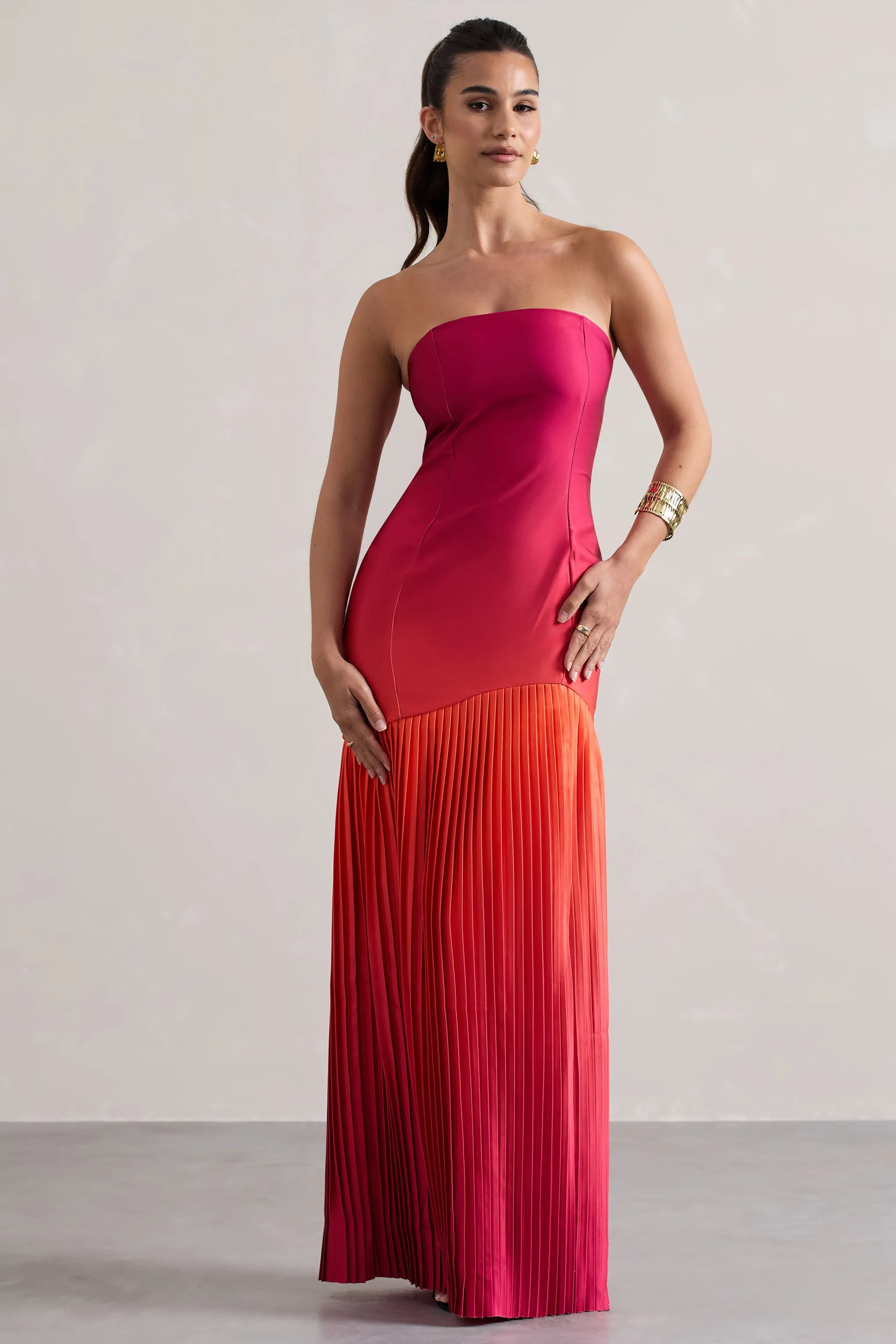 California | Pink & Orange Ombre Bandeau Plisse Maxi Dress