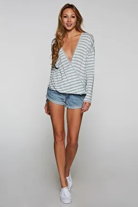 Casual Surplice Neck Striped Wrap Top