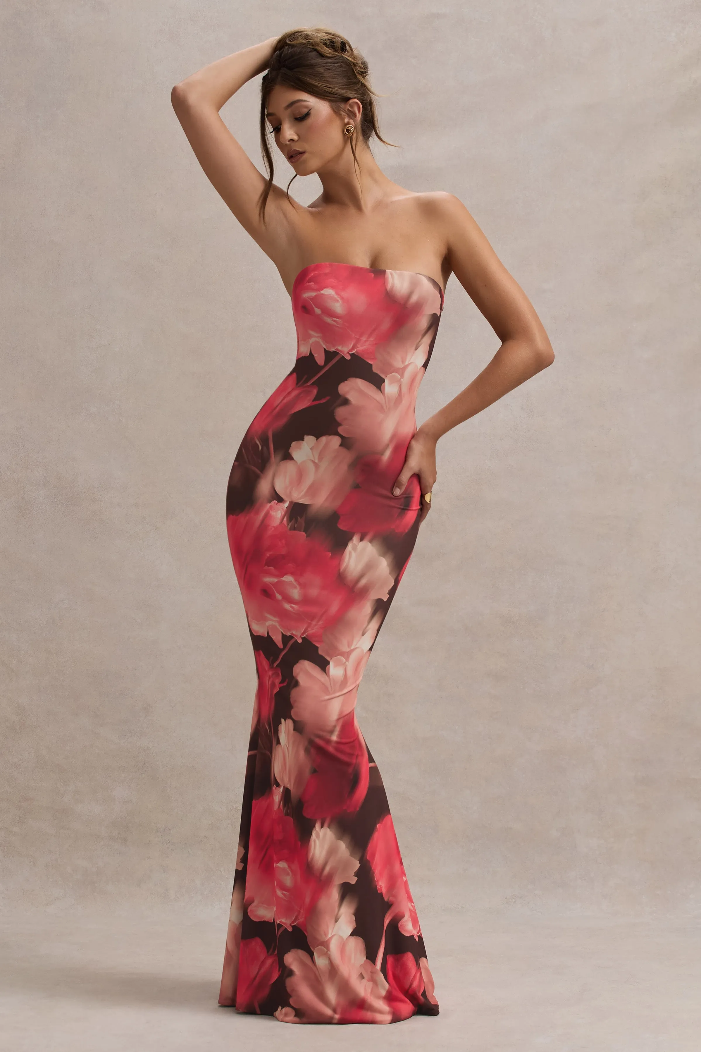 Ceremony | Red Floral Print Bandeau Fishtail Maxi Dress