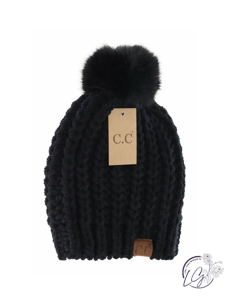 Chenille Chunky Knit Faux Fur Pom CC Beanie