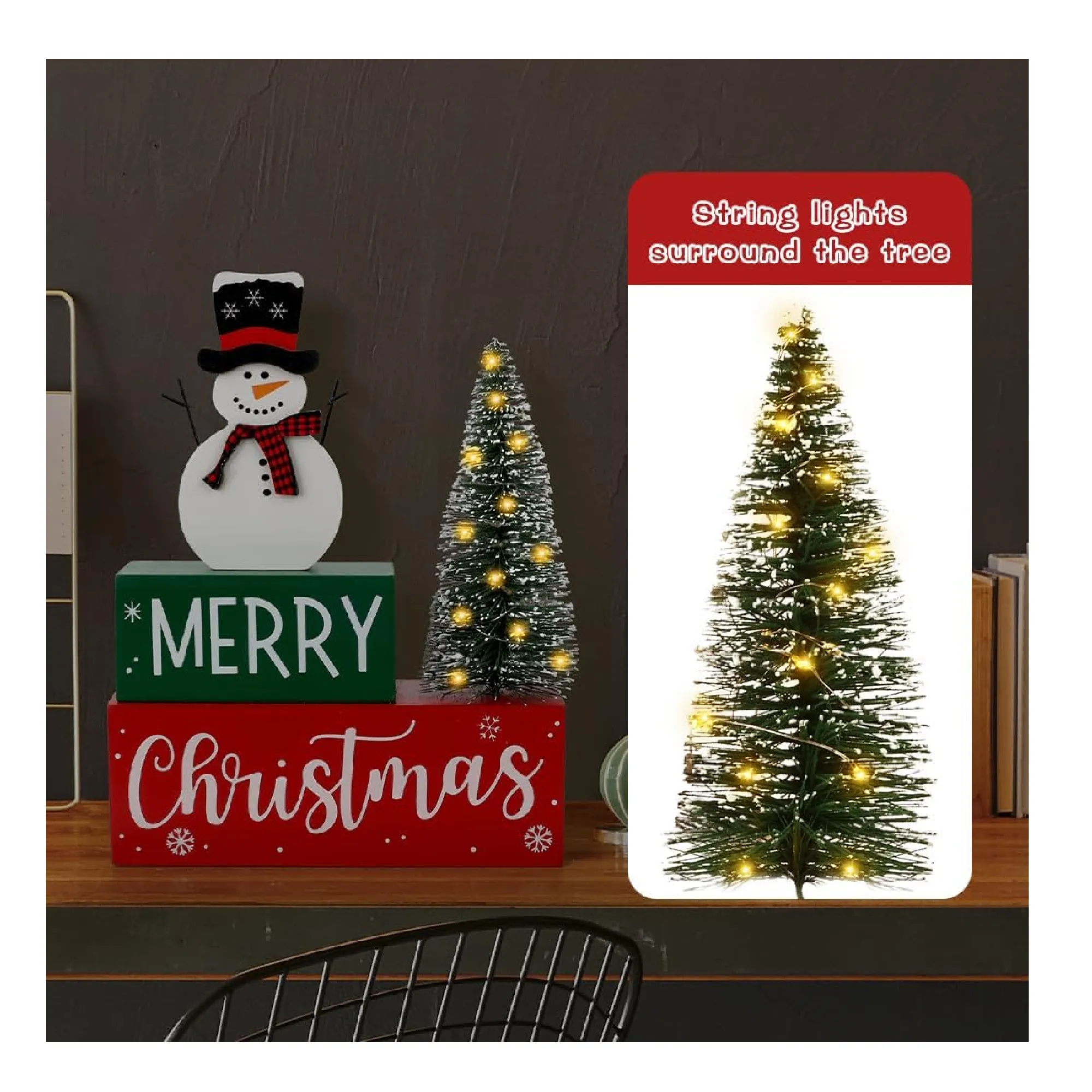 Christmas Decor Indoor, Wooden Christmas Signs with LED Lighted Christmas Tree & Snowman for Coffee Table, Tiered Tray, Shelf and Mantel - Christmas Decorations for Home/Holiday Decor