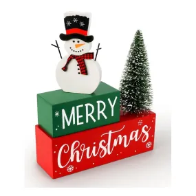 Christmas Decor Indoor, Wooden Christmas Signs with LED Lighted Christmas Tree & Snowman for Coffee Table, Tiered Tray, Shelf and Mantel - Christmas Decorations for Home/Holiday Decor