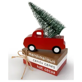 Christmas Decorations Indoor, Wooden Book Stack & Red Truck with LED Lighted Tree for Coffee Table, Tiered Tray, Shelf and Mantel Decor - Christmas Signs for Holiday Home Decor