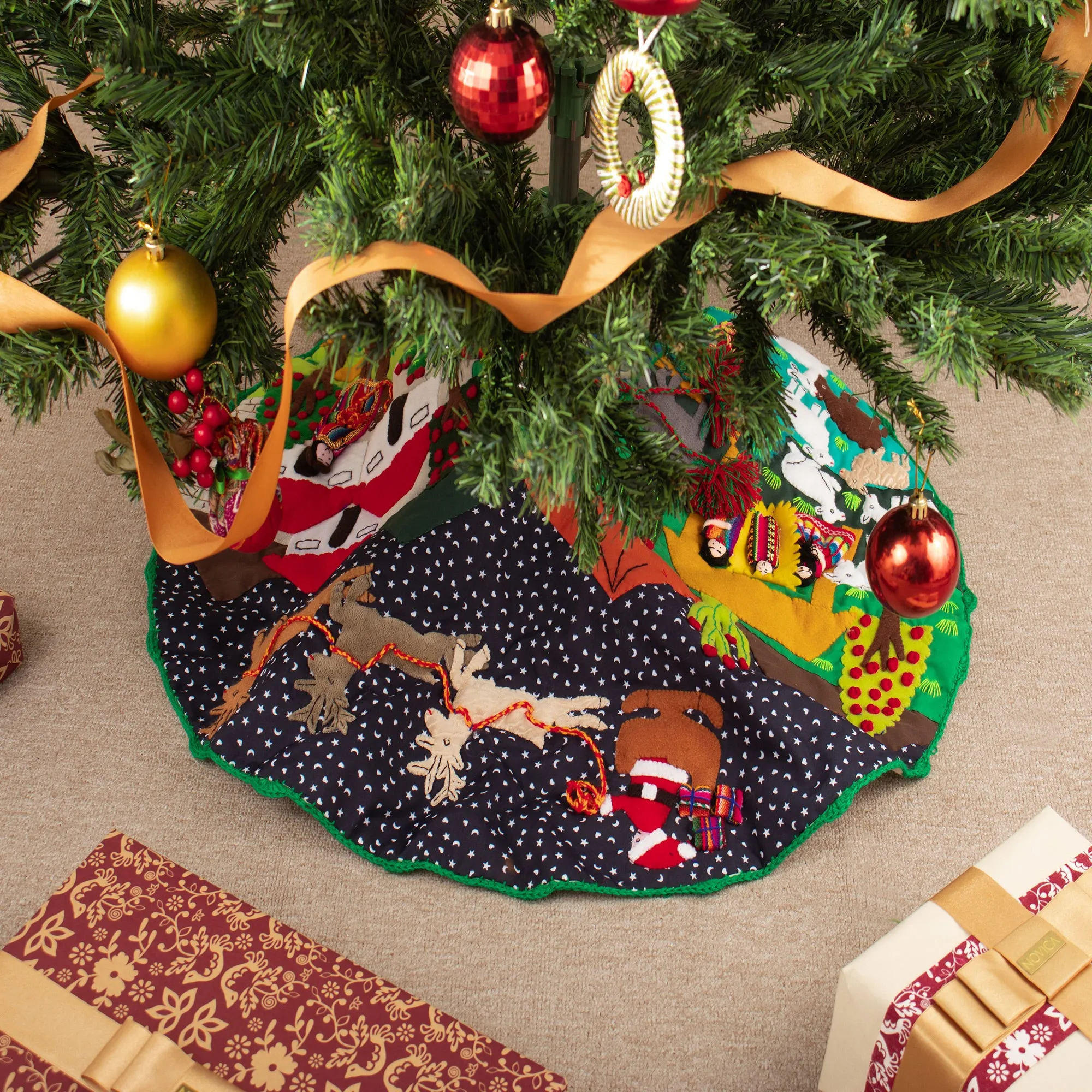 Cotton Blend Applique Christmas Tree Skirt of Andean Scene - Holiday Excitement | NOVICA