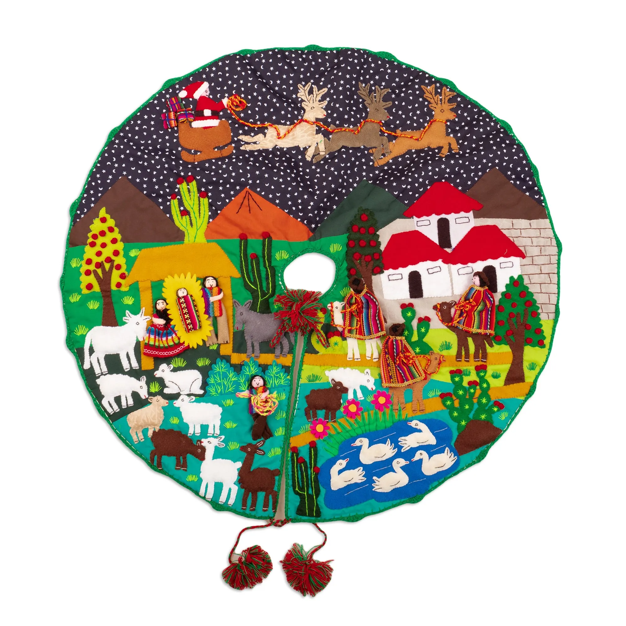 Cotton Blend Applique Christmas Tree Skirt of Andean Scene - Holiday Excitement | NOVICA