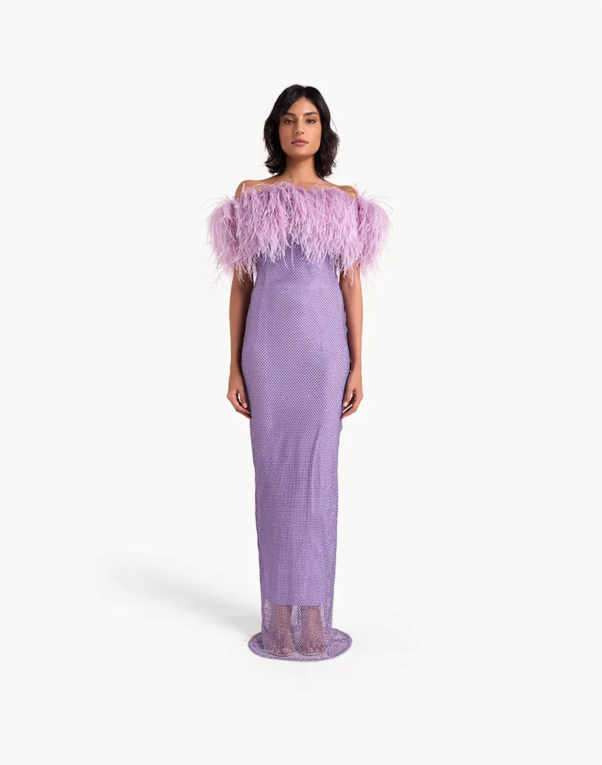 Crystal Embellished Feather Off-Shoulder Maxi Dress - Lavender