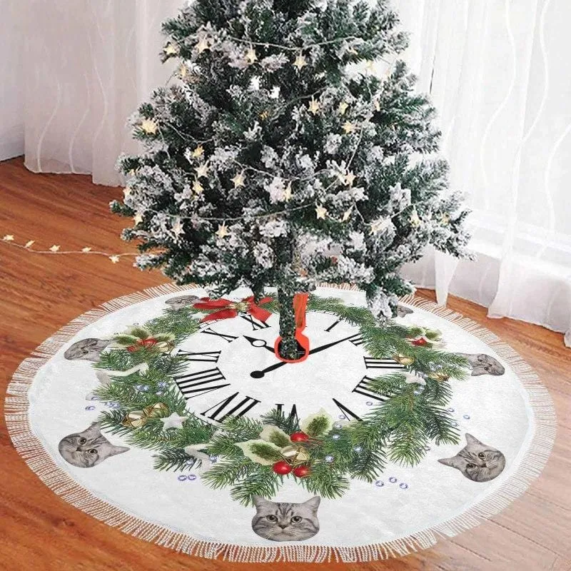 Custom Cat Face Garland Clock Christmas Tree Skirt With Tassel