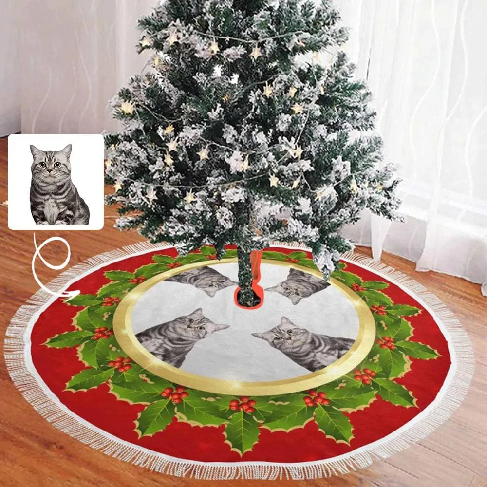 Custom Cat Face Green Leaves Christmas Tree Skirt With Tassel