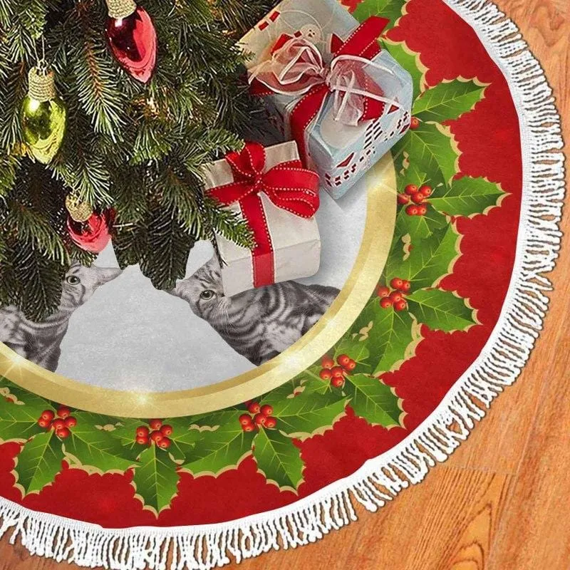 Custom Cat Face Green Leaves Christmas Tree Skirt With Tassel