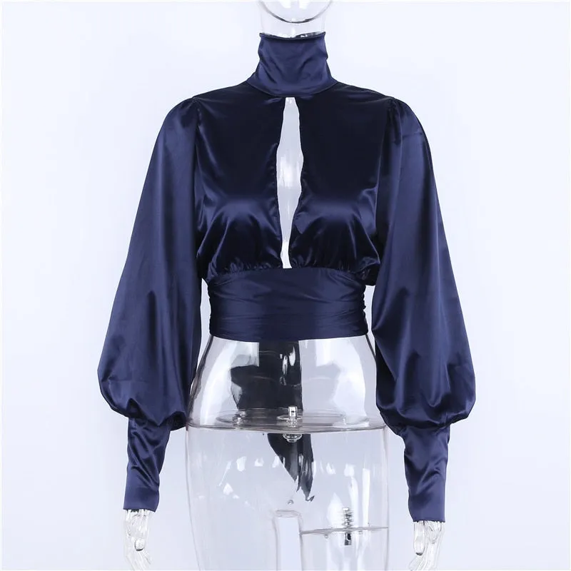 Deep V Front SatinTurtleneck Puff Sleeve Backless Women Crop Top