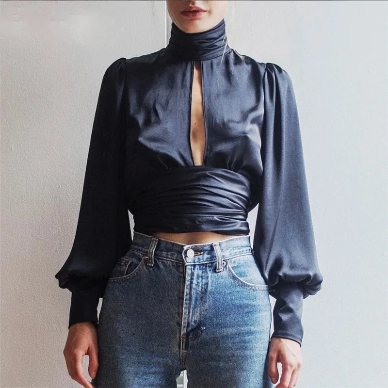 Deep V Front SatinTurtleneck Puff Sleeve Backless Women Crop Top