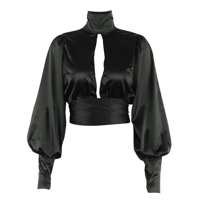 Deep V Front SatinTurtleneck Puff Sleeve Backless Women Crop Top