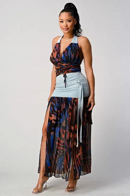 DENIM CONTRAST HALTER TOP WITH MAXI DETAIL SKIRT