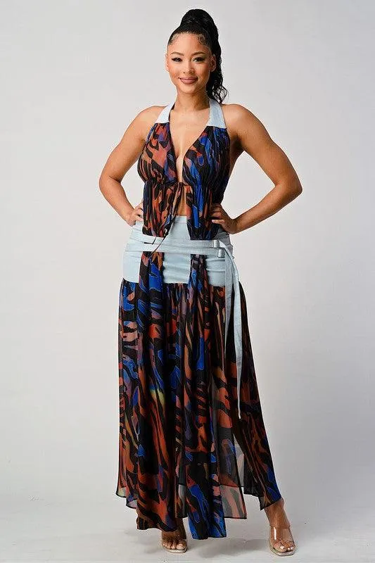 DENIM CONTRAST HALTER TOP WITH MAXI DETAIL SKIRT