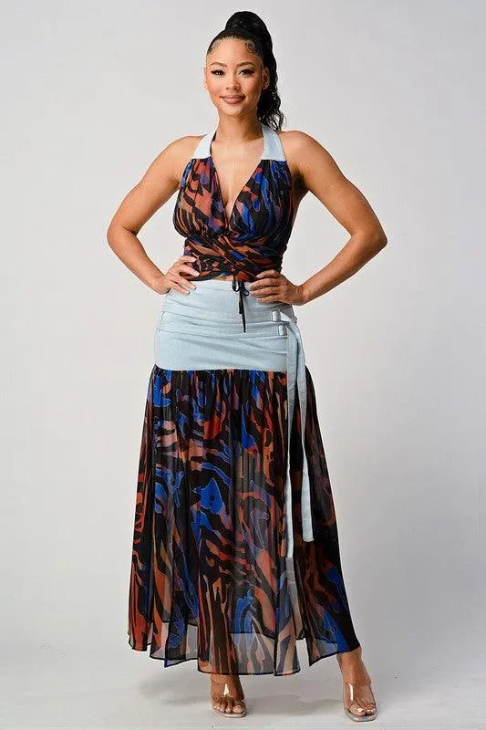 DENIM CONTRAST HALTER TOP WITH MAXI DETAIL SKIRT