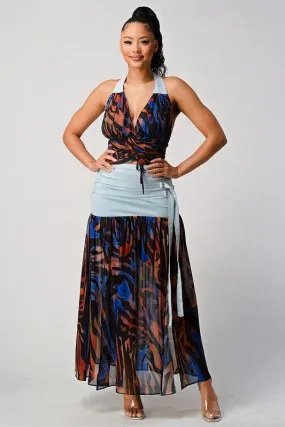 DENIM CONTRAST HALTER TOP WITH MAXI DETAIL SKIRT