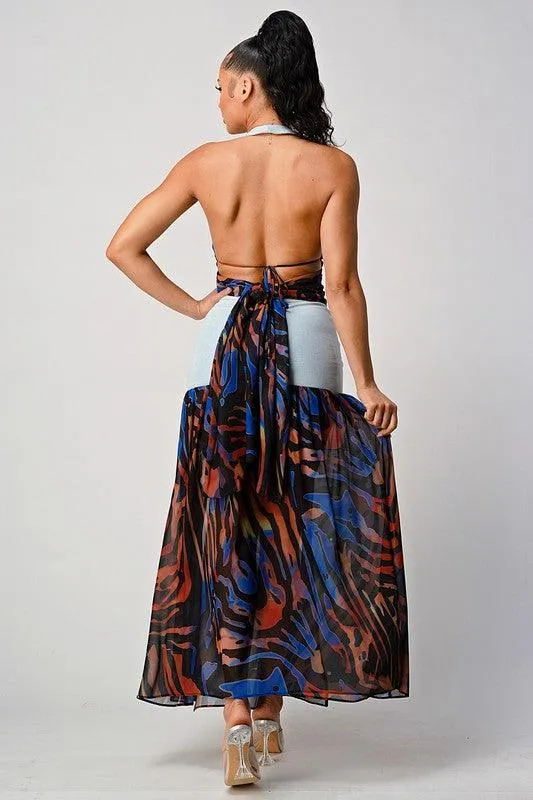 DENIM CONTRAST HALTER TOP WITH MAXI DETAIL SKIRT