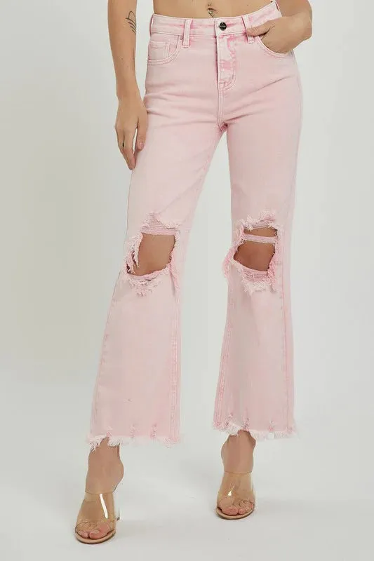 Distressed Straight Leg Acid Pink Jeans