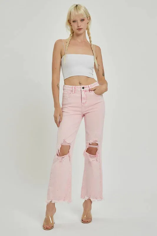 Distressed Straight Leg Acid Pink Jeans