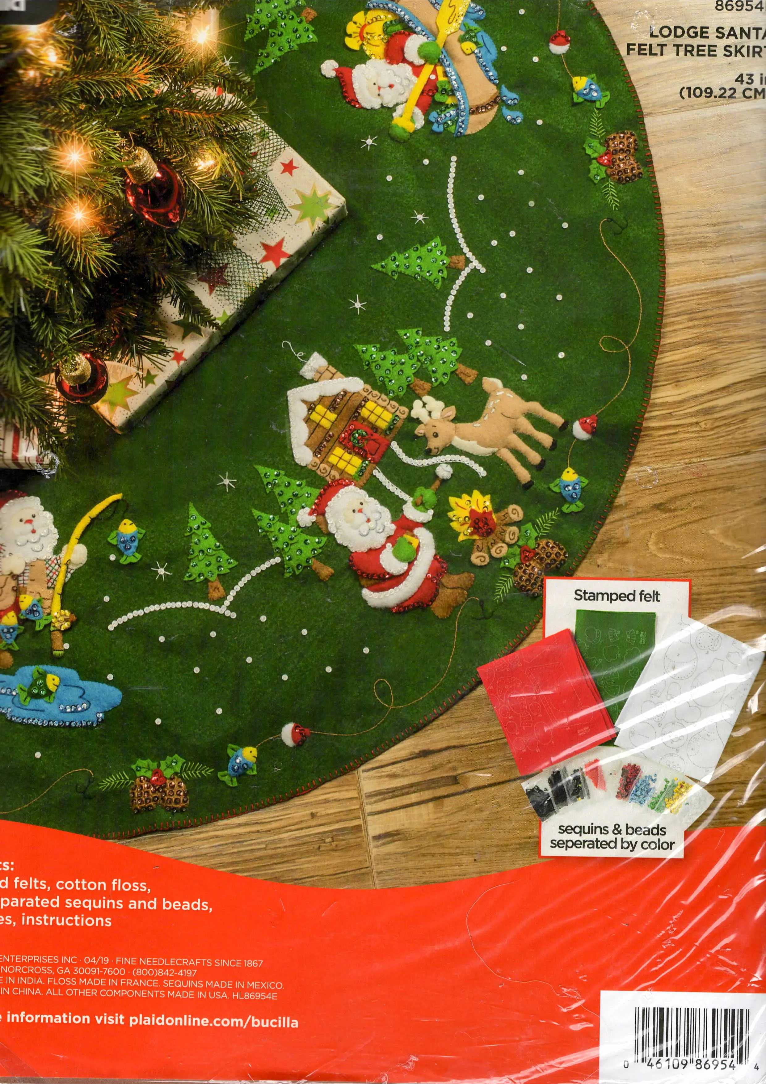 DIY Bucilla Lodge Santa Fishing Camping Christmas Felt Tree Skirt Kit