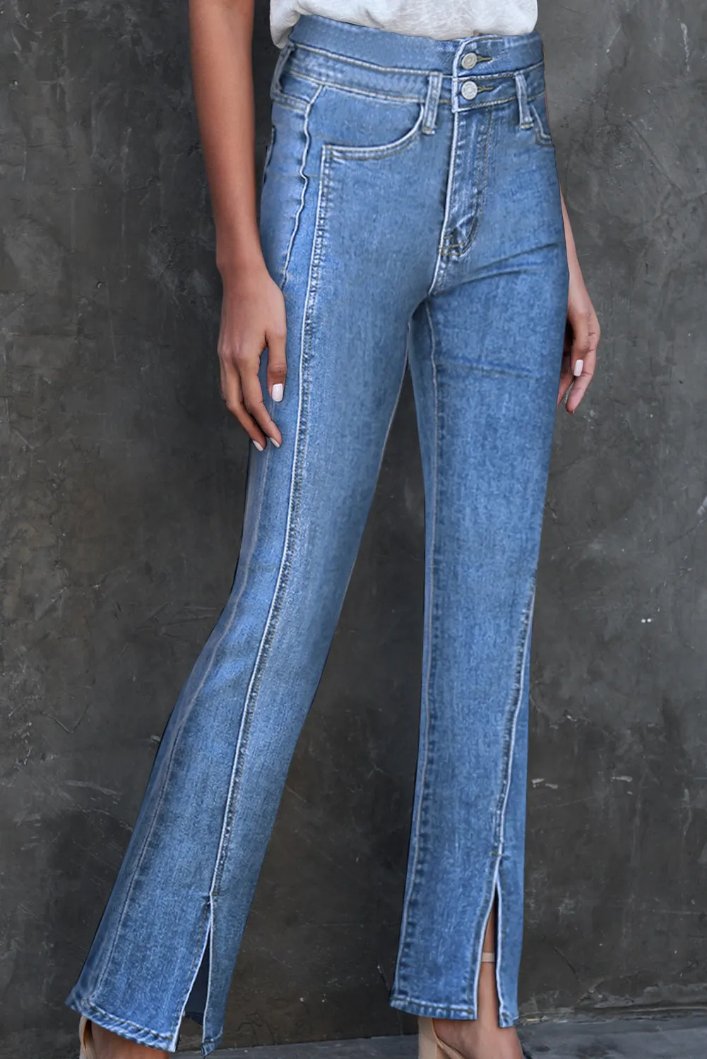 Double Splice High Waist Seam Detail Slit Flare Jeans