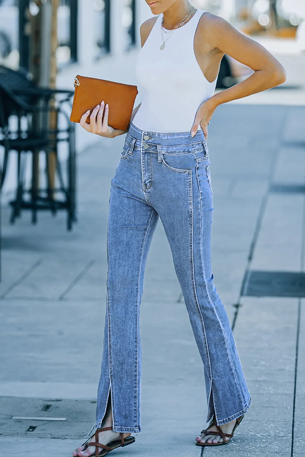 Double Splice High Waist Seam Detail Slit Flare Jeans