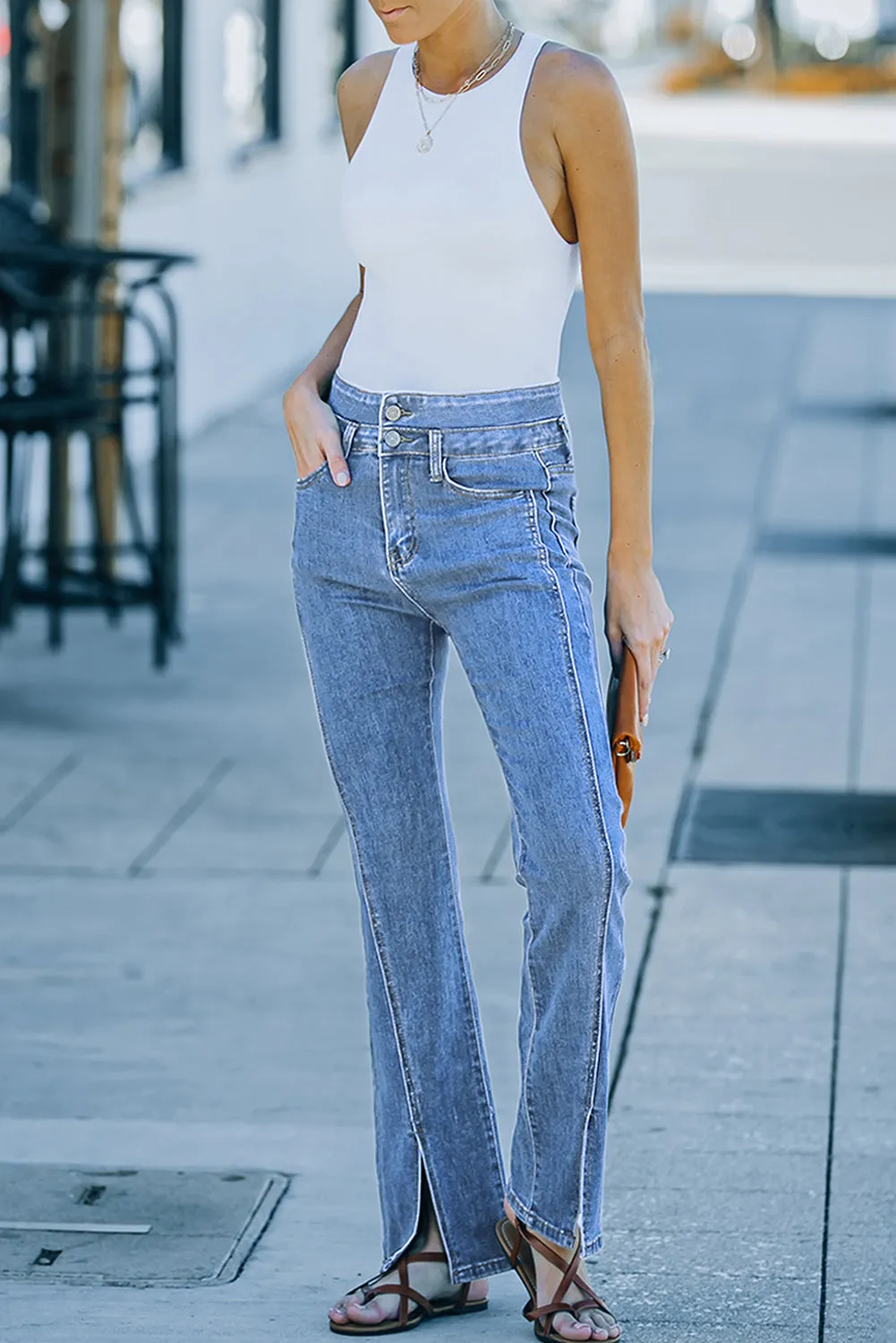 Double Splice High Waist Seam Detail Slit Flare Jeans