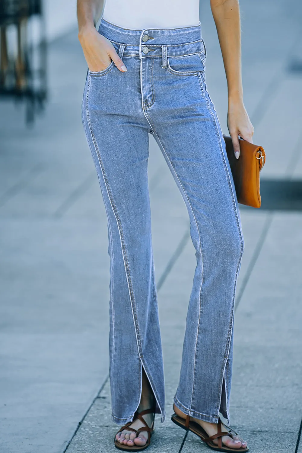 Double Splice High Waist Seam Detail Slit Flare Jeans