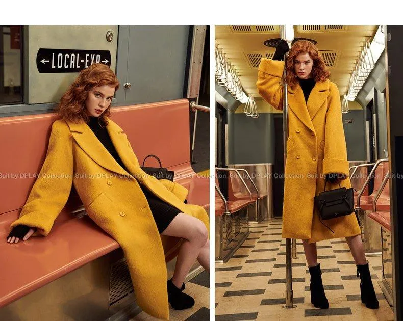 DPLAY fall Winter Ginger Yellow Cuffs Loose Wool Coat - America