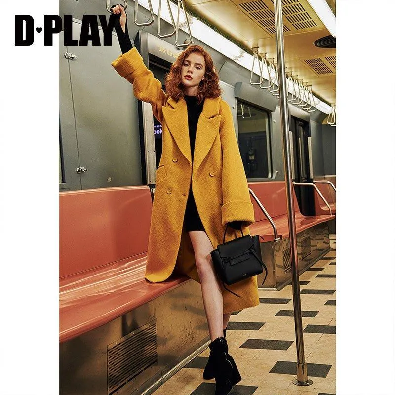 DPLAY fall Winter Ginger Yellow Cuffs Loose Wool Coat - America