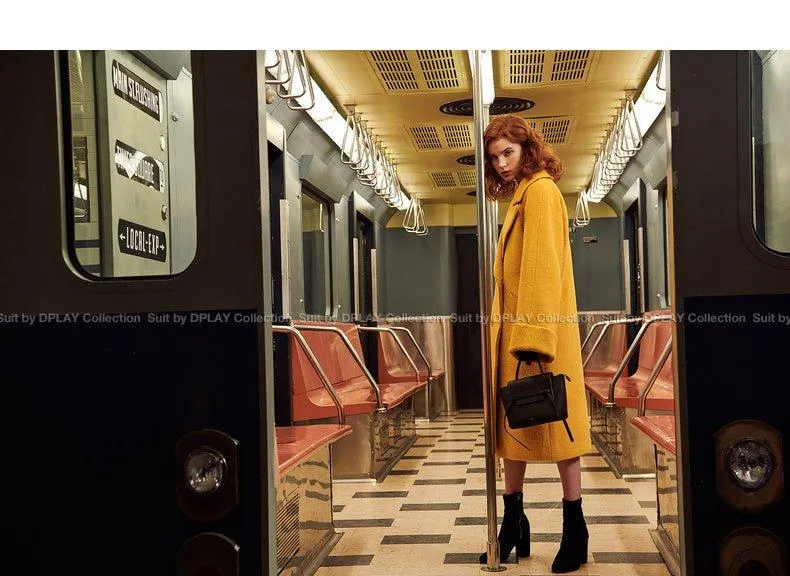 DPLAY fall Winter Ginger Yellow Cuffs Loose Wool Coat - America