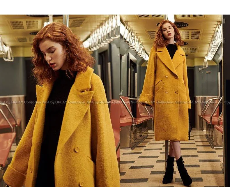 DPLAY fall Winter Ginger Yellow Cuffs Loose Wool Coat - America