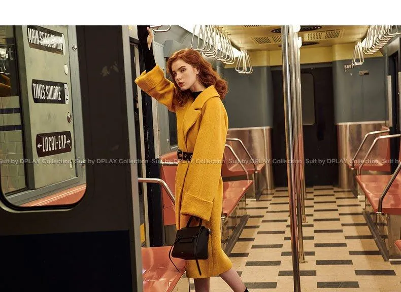 DPLAY fall Winter Ginger Yellow Cuffs Loose Wool Coat - America