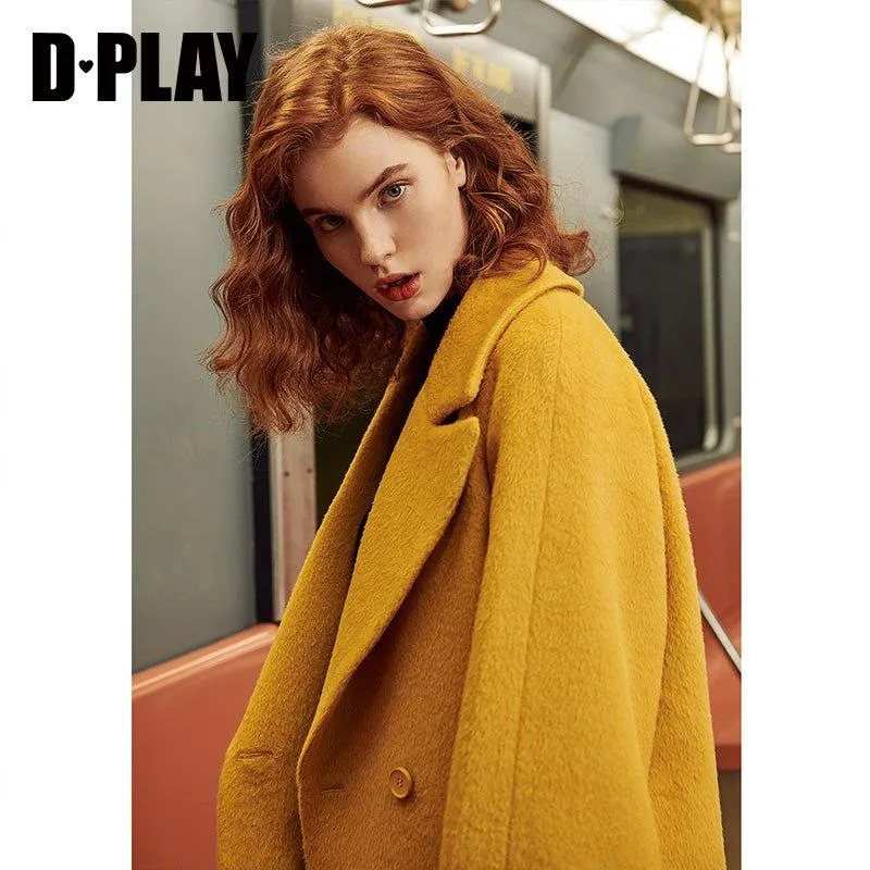 DPLAY fall Winter Ginger Yellow Cuffs Loose Wool Coat - America