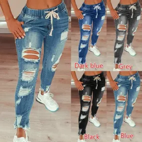 Drawstring Denim Jeans For Women Ripped Hole Stretch Jean Ladies Plus Size Full Length Pencil Pants