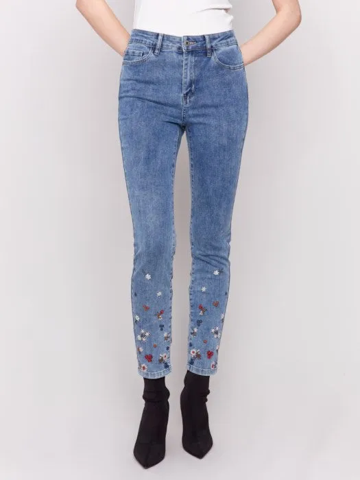 Embroidered and Beaded Slim Fit Jeans