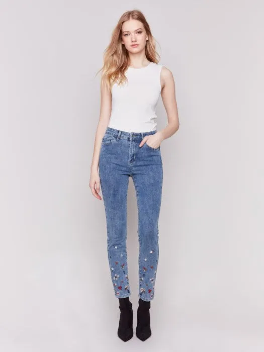 Embroidered and Beaded Slim Fit Jeans