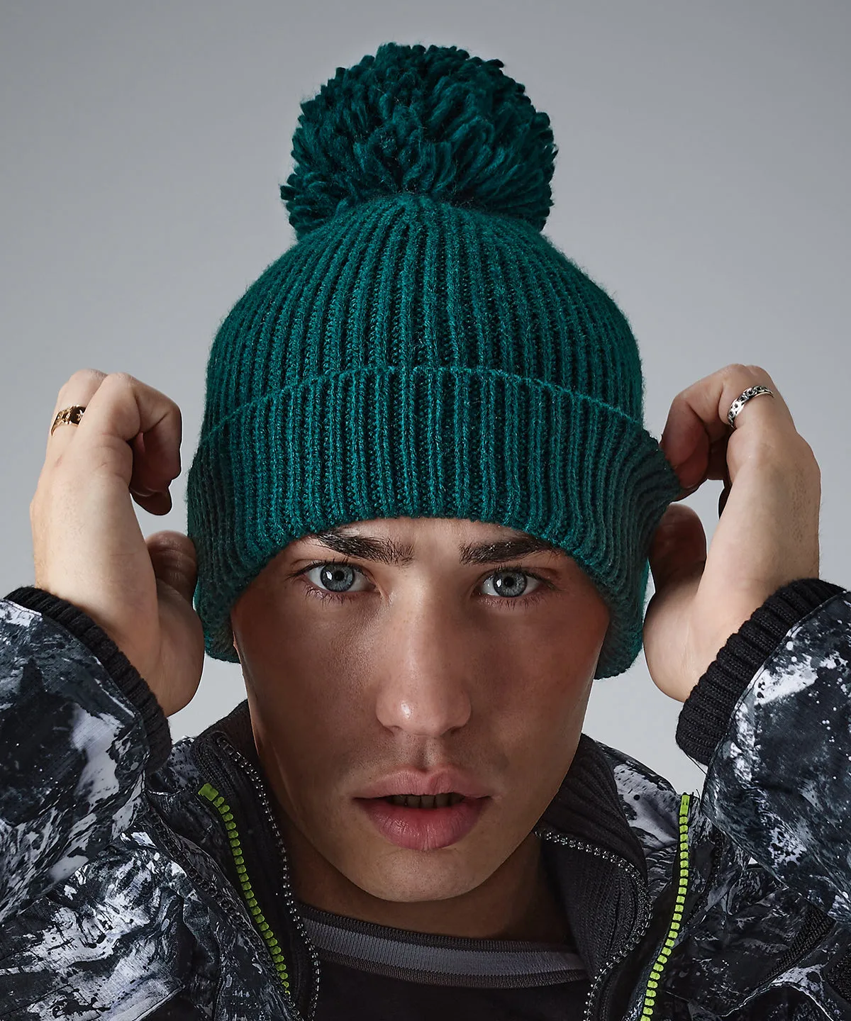 Engineered knit ribbed pom pom beanie | Oxford Navy