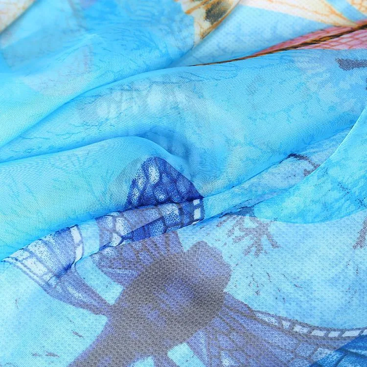 Extra Large Square Chiffon Scarf Blue Theme Butterfly Print CHF103