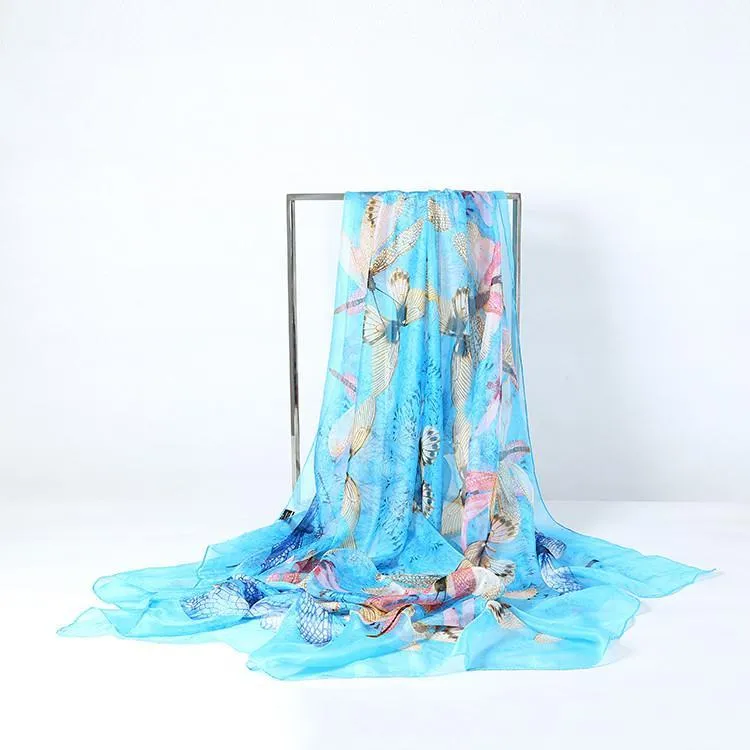 Extra Large Square Chiffon Scarf Blue Theme Butterfly Print CHF103