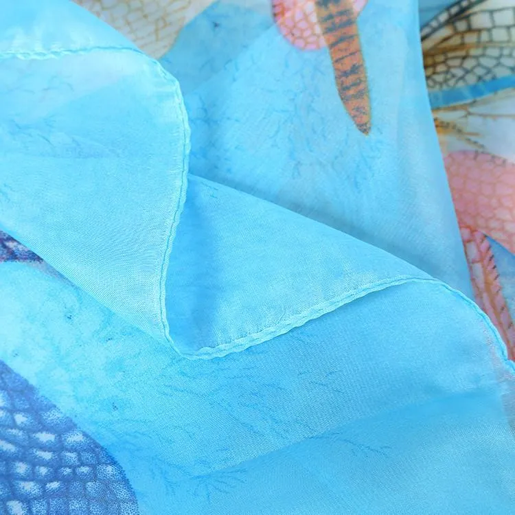 Extra Large Square Chiffon Scarf Blue Theme Butterfly Print CHF103